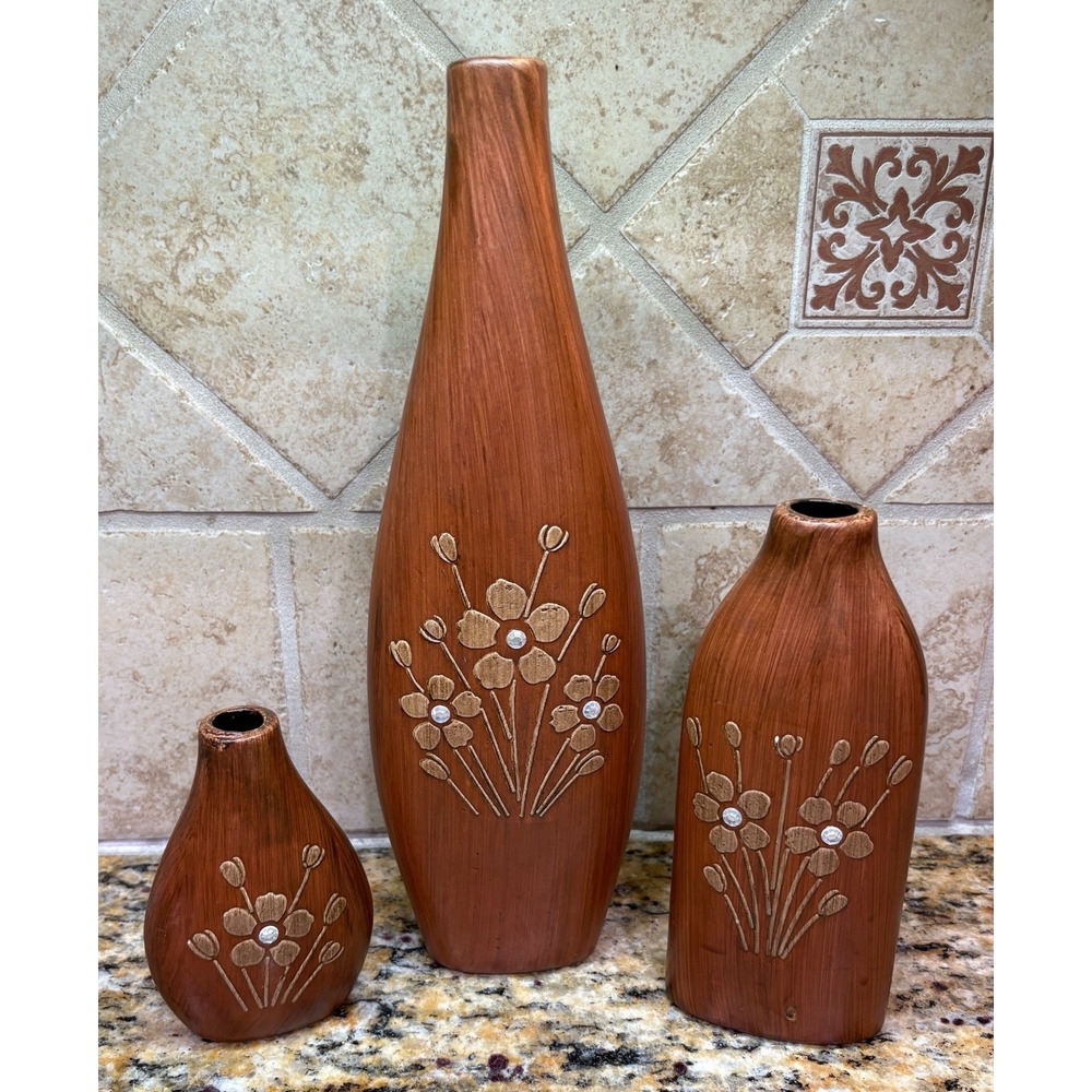 Ceramic Art Pottery Faux Wood Grain Bottle Bud Vases Floral MCM Vtg Set Of 3